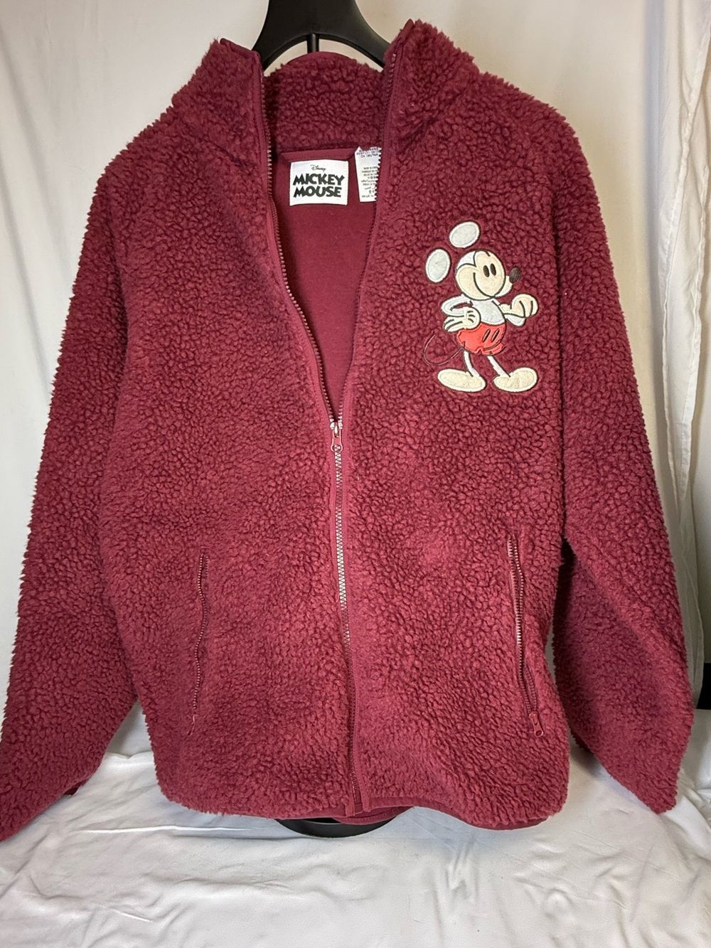 Super cozy Disney Mickey Mouse sherpa fleece jacket in a rich burgundy color